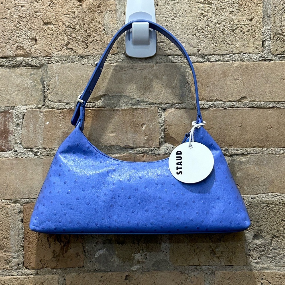 STAUD NWT Estelle Ostrich-Embossed Leather Shoulder Bag in periwinkle - Picture 7 of 7